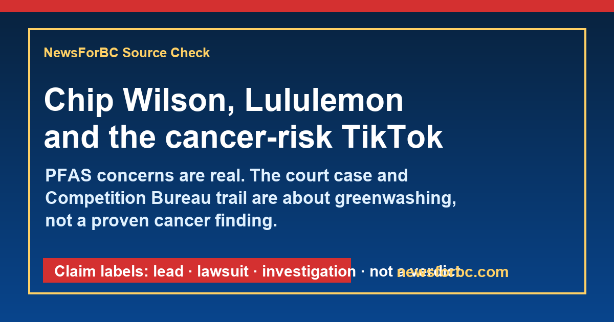 NewsForBC source card about Chip Wilson, Lululemon, TikTok cancer-risk claims, PFAS and greenwashing investigation