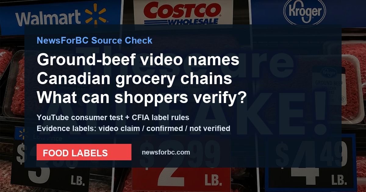NewsForBC source card about a YouTube ground beef grocery test and Canadian labelling questions