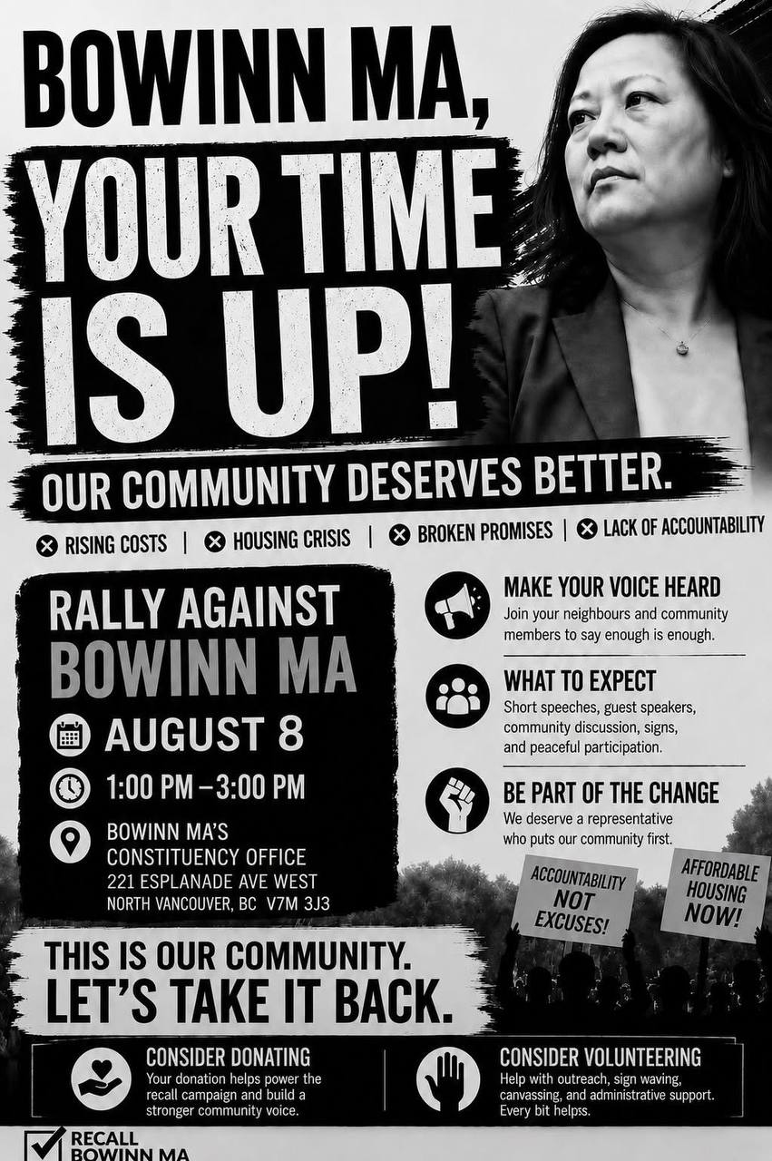 Rally Against Bowinn Ma poster for August 8 in North Vancouver